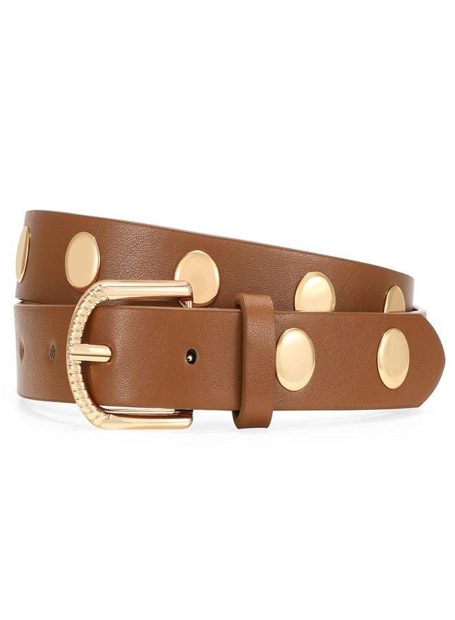 VONMELLI Skinny Leather Belt for Women Brown Studded Thin Belt for Fashion Jeans Dress Ladies Waist Belts, L - Image 1
